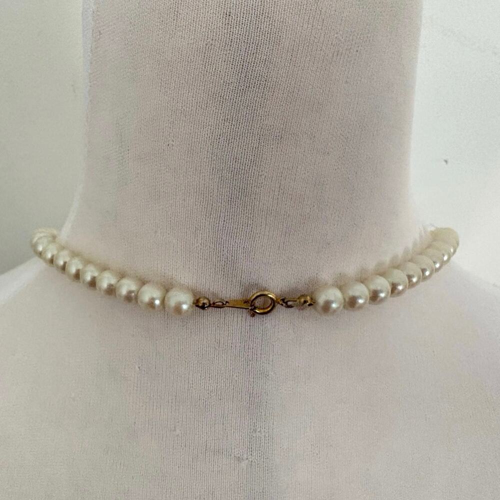 Vintage Japan Faux Pearl Floral Bead Necklace Gold Black Enamel 18” - Picture 3 of 5